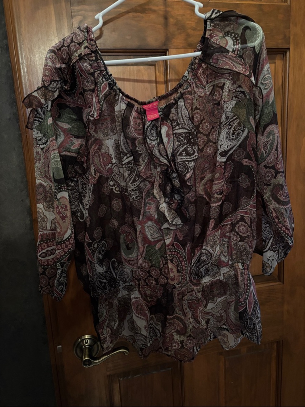 Sunny Leigh Paisley Ruffle Blouse - Burgundy, Green, Cream